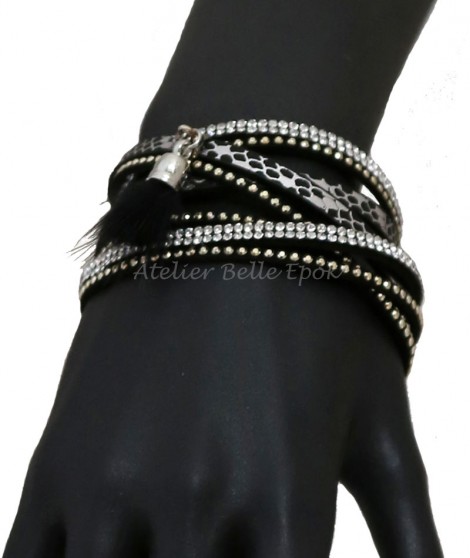 Bracelet Multi-Rangs Cuir Noir et Strass